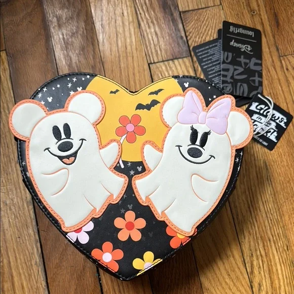 Loungefly Mickey Minnie Disney Ghost Heart-Shaped Halloween Crossbody Bag - Picture 1 of 3